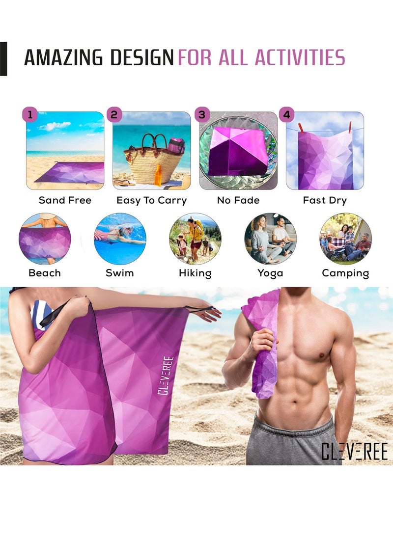 CLEVEREE Beach Towel and Gym Towel Pool Towel Swimming Towel for Men Women Microfiber towel Travel Towel fast drying towel with carry bag Extra Large 150x90 cm and Gym Towel 50X25 Purple  - Image 5