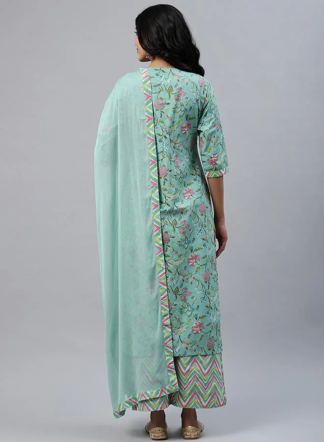 Libas Multi Printed Cotton Straight Kurta With Palazzo And Dupatta Set