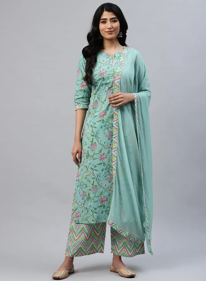 Libas Multi Printed Cotton Straight Kurta With Palazzo And Dupatta Set