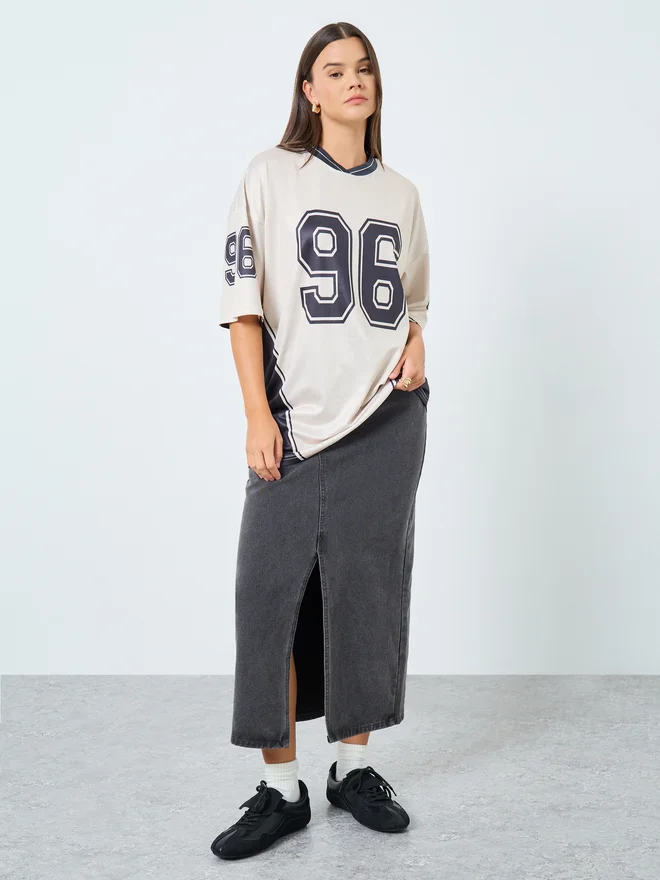 Styli Styli Beige Mesh Varsity Graphic Oversized T-Shirt