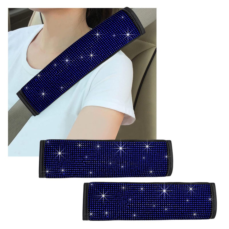 Gasedin 2 PCS Bling Car Seat Belt Cover Sparkle Leather Seat Belt Pads with Rhinestone Diamonds Glitter Seatbelt Cushions for Women Girl Universal Interior Car Accessories Blue - Image 3