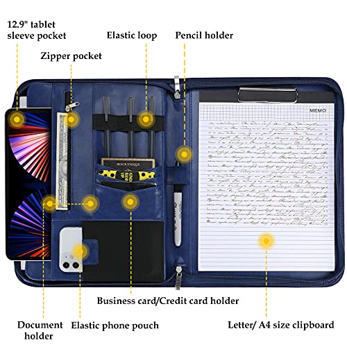 Procase محفظة بروكيس للأعمال مع سحاب، ملف تنفيذي للاجتماعات وتنظيم الوثائق القانونية مع جيوب بحجم A4، دفتر كتابة - أزرق داكن - Image 2