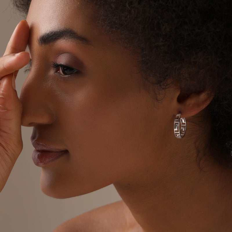 LeCalla 925 Sterling Silver Greek Key Hoop Earrings | Round Click-Top Lightweight Greek Key Wall Earring Hoops for Women 20MM - Image 4