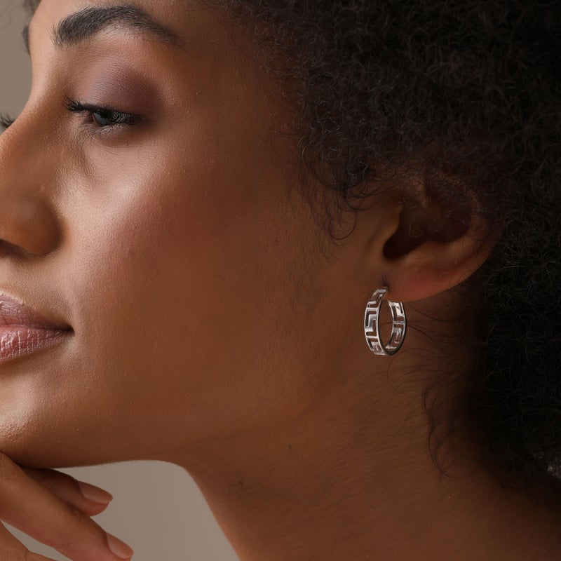 LeCalla 925 Sterling Silver Greek Key Hoop Earrings | Round Click-Top Lightweight Greek Key Wall Earring Hoops for Women 20MM - Image 3