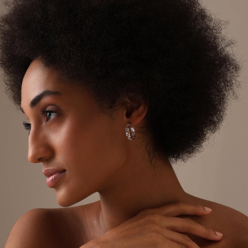 LeCalla 925 Sterling Silver Greek Key Hoop Earrings | Round Click-Top Lightweight Greek Key Wall Earring Hoops for Women 20MM - Image 2