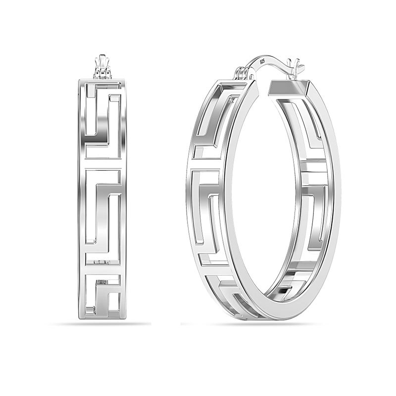 LeCalla 925 Sterling Silver Greek Key Hoop Earrings | Round Click-Top Lightweight Greek Key Wall Earring Hoops for Women 20MM - Image 1