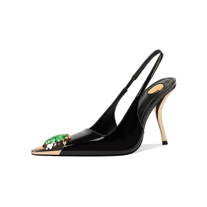 CAGLGLZ Womens Slingback Stiletto High Heels Crystal Metallic Closed Pointed Toe Pumps Patent Leather Slip on Elastic Strap Heeled Sandals Fashion Party Dress Shoes for WomenBlack65