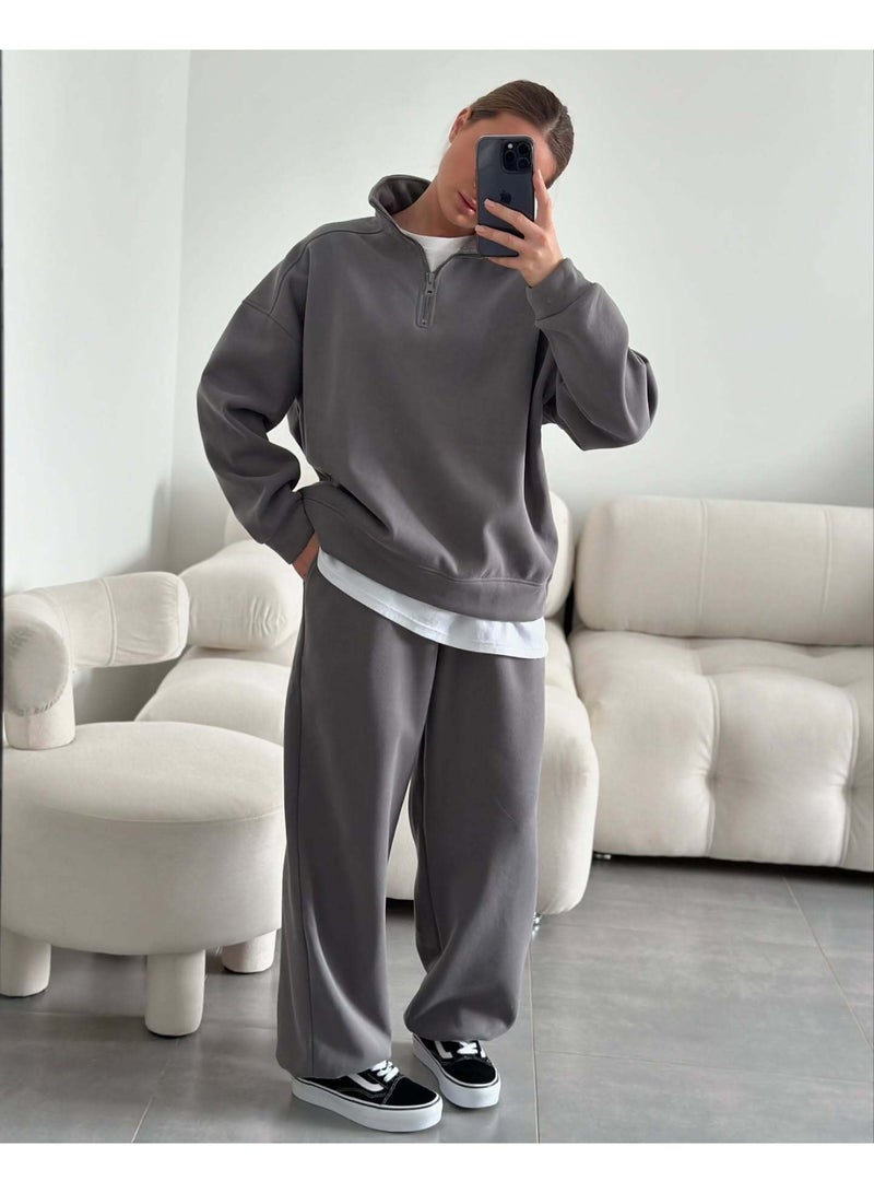NIBEMINENT 2-piece Sets Women Half Zipper Stand Collar Hoodie Casual Sweatpants Fashion Street Style Loose Lady Suit - Image 1