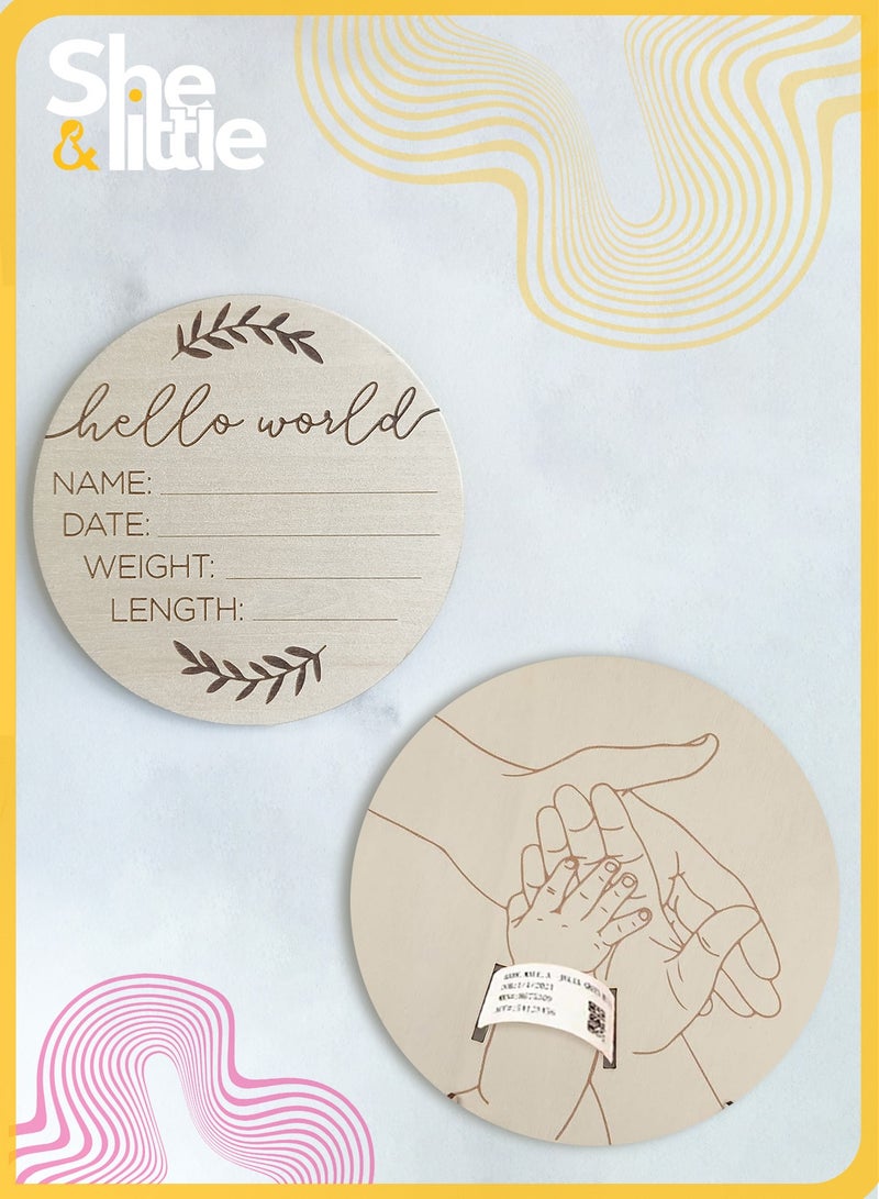 She&Little 2 Pcs  Newborn Wooden Birth Memorial Plaque, Newborn Hospital Bracelet Display Board, Double-Sided Engraved Baby Name Photo Props, Hello World Welcome Baby Decoration - Image 2