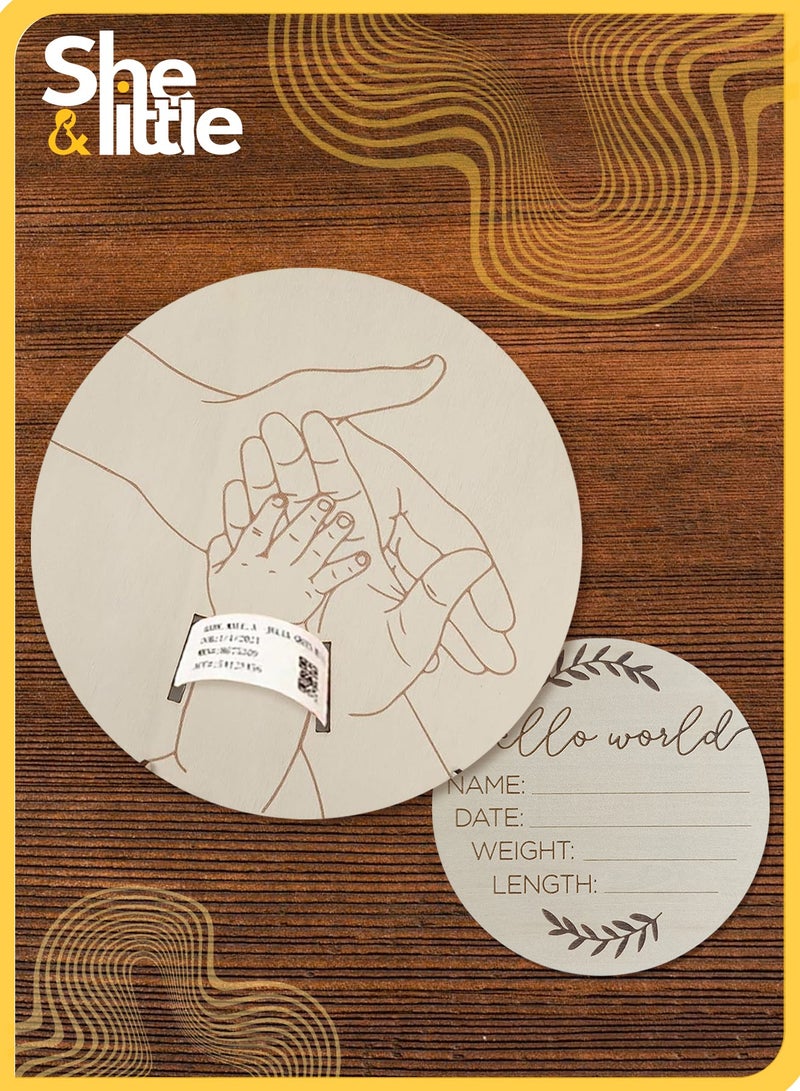 She&Little 2 Pcs  Newborn Wooden Birth Memorial Plaque, Newborn Hospital Bracelet Display Board, Double-Sided Engraved Baby Name Photo Props, Hello World Welcome Baby Decoration - Image 1