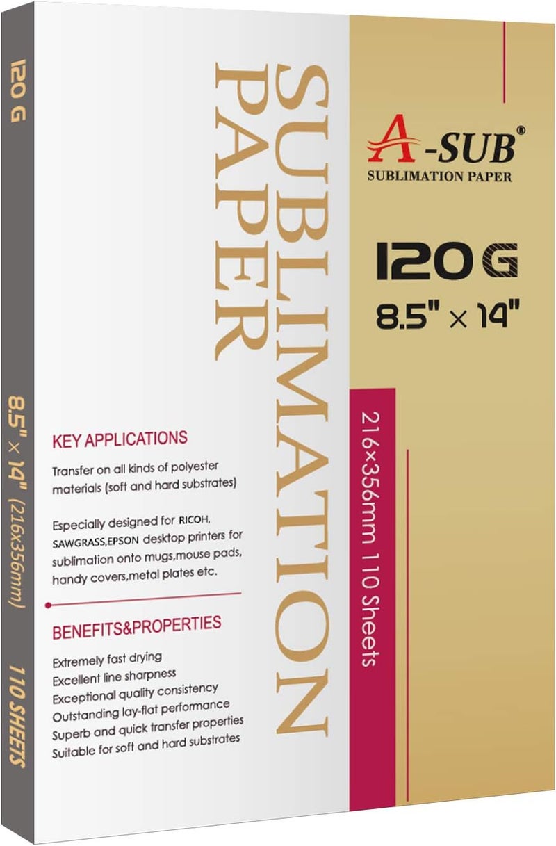 A-SUB Sublimation Paper Heat Transfer 110 Sheets 8.5 x 14 Inches Legal Size Compatible with Inkjet Printer 120gsm - Image 1