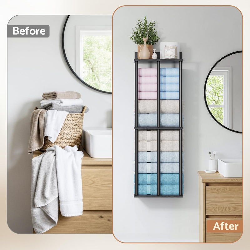 WHEARTED Bathroom Towel Storage, Black Bathroom Towel Holder, Wall Mounted Towels Racks Shelf Towels Organizer for Rolled Towels, 34inch Modern Storage Rack Organizer for RV - Image 5