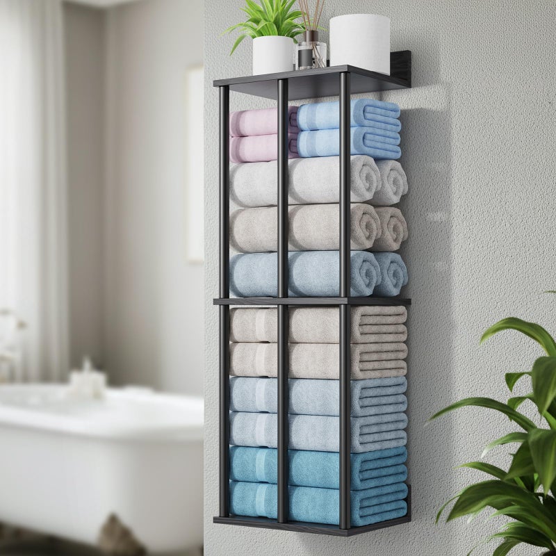 WHEARTED Bathroom Towel Storage, Black Bathroom Towel Holder, Wall Mounted Towels Racks Shelf Towels Organizer for Rolled Towels, 34inch Modern Storage Rack Organizer for RV - Image 1