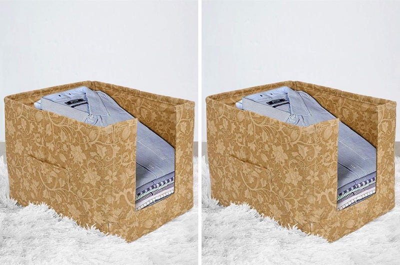 Kuber Industries Heart Home Metallic Print 2 Pieces Non Woven Shirt StackerShirt Organizer Wardrobe Organizer Beige HEART4670 Standard - Image 1