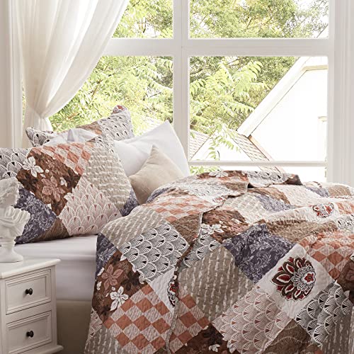LEAONME 2 Pieces Twin Size Quilt Set Lightweight Brown Floral Bedspread 68x86 Inch Soft Patchwork Coverlet Warm Microfiber Bed Cover for All Seasons (1 Quilt,1 Pillow Sham) - Image 4