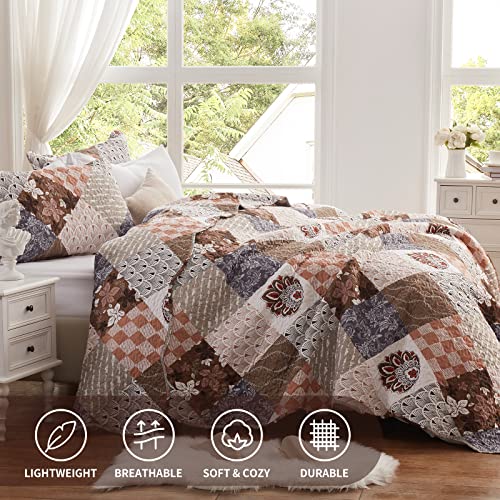 LEAONME 2 Pieces Twin Size Quilt Set Lightweight Brown Floral Bedspread 68x86 Inch Soft Patchwork Coverlet Warm Microfiber Bed Cover for All Seasons (1 Quilt,1 Pillow Sham) - Image 2