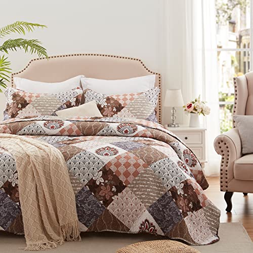 LEAONME 2 Pieces Twin Size Quilt Set Lightweight Brown Floral Bedspread 68x86 Inch Soft Patchwork Coverlet Warm Microfiber Bed Cover for All Seasons (1 Quilt,1 Pillow Sham) - Image 3
