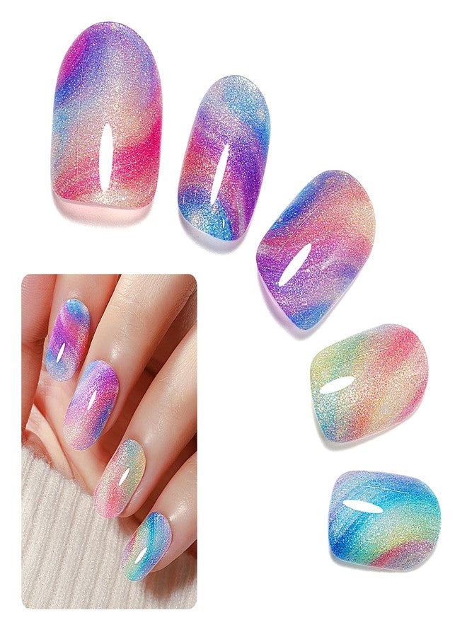 MIZHSE Semi Cured Gel Nail Strips Cat Eye Effect Multicolor, 30PCS Gel Nail Wraps, Stickers, U V Light Required, Salon Quality, Long Lasting Easy to Apply & Remove - Includes 2 Prep Pads, Nail File - Image 1