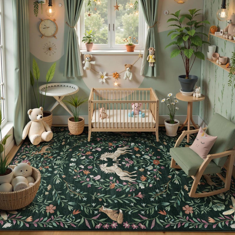 STARUIA 8x10 Area Rugs for Living Room, Unicorn Floral Non-Slip Washable Rugs, Farmhouse Moroccan Vintage Animal Large Girls Area Rug for Bedroom, Carpet for Dining Room Nurseries(Forest Green8'x10') - Image 2