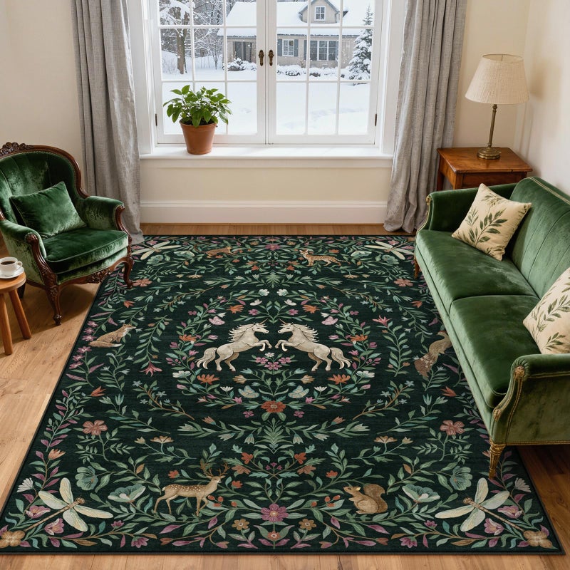 STARUIA 8x10 Area Rugs for Living Room, Unicorn Floral Non-Slip Washable Rugs, Farmhouse Moroccan Vintage Animal Large Girls Area Rug for Bedroom, Carpet for Dining Room Nurseries(Forest Green8'x10') - Image 1
