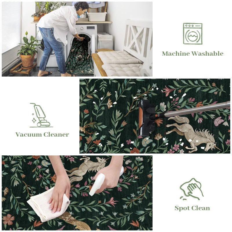STARUIA 8x10 Area Rugs for Living Room, Unicorn Floral Non-Slip Washable Rugs, Farmhouse Moroccan Vintage Animal Large Girls Area Rug for Bedroom, Carpet for Dining Room Nurseries(Forest Green8'x10') - Image 4