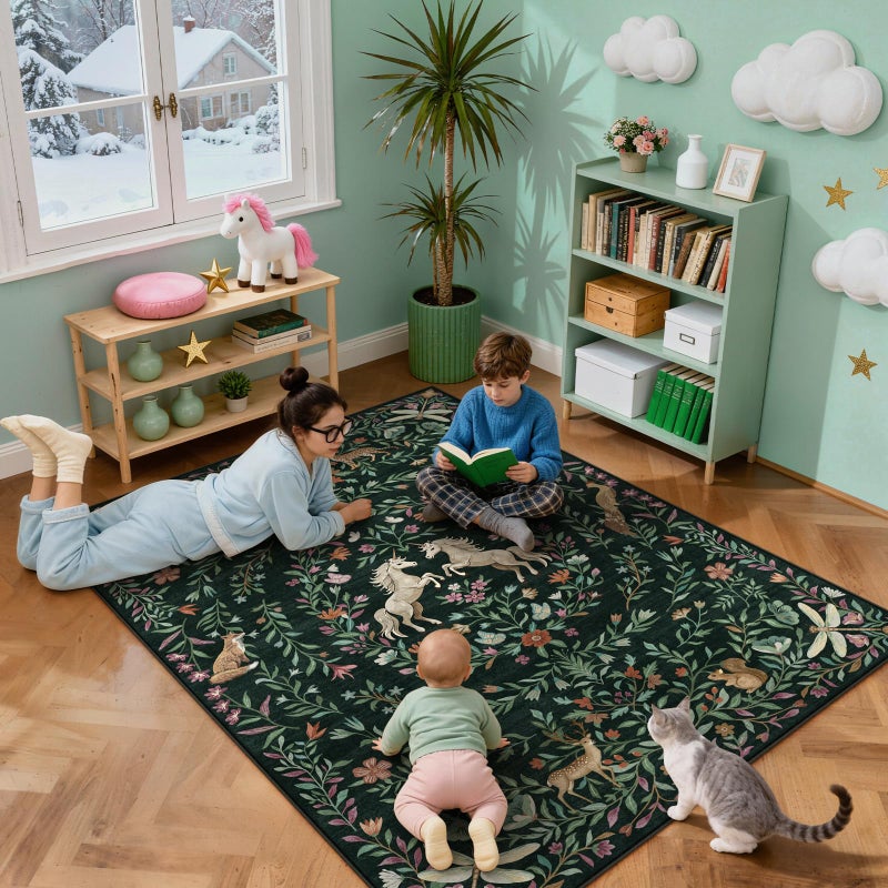 STARUIA 8x10 Area Rugs for Living Room, Unicorn Floral Non-Slip Washable Rugs, Farmhouse Moroccan Vintage Animal Large Girls Area Rug for Bedroom, Carpet for Dining Room Nurseries(Forest Green8'x10') - Image 5