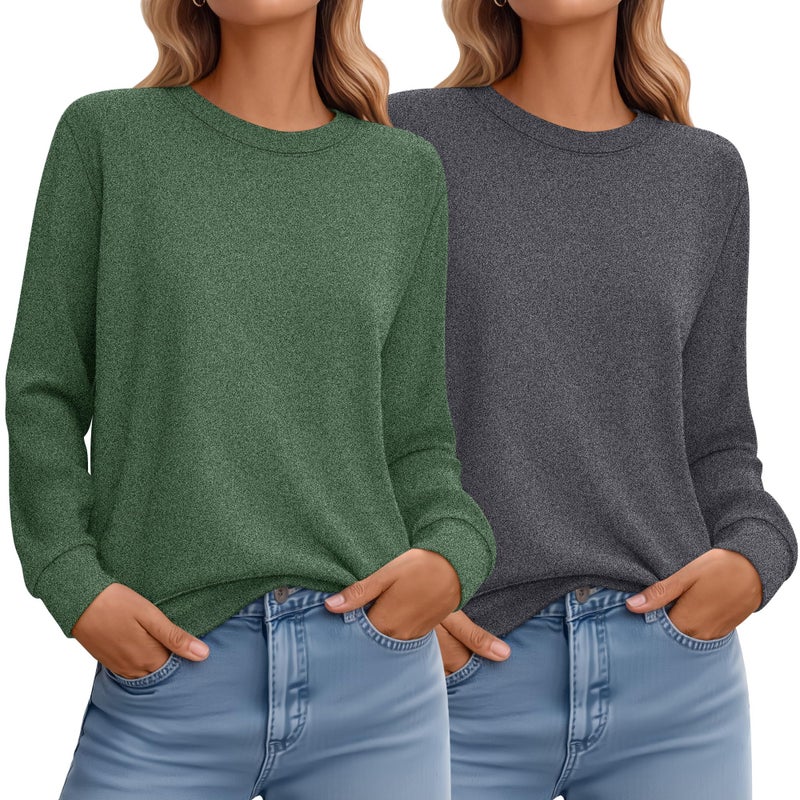 Ficerd 2 Pack Women's Casual Sweatshirts, Crew Neck Loose Fit Basic Tops Lightweight Cute Pullover Fashion Fall Outfits(Dark Gray, Green,Medium) - Image 1