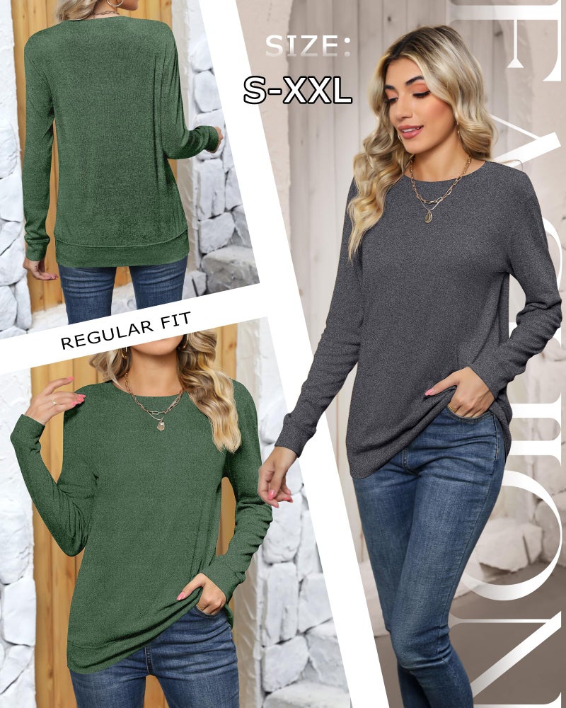 Ficerd 2 Pack Women's Casual Sweatshirts, Crew Neck Loose Fit Basic Tops Lightweight Cute Pullover Fashion Fall Outfits(Dark Gray, Green,Medium) - Image 2