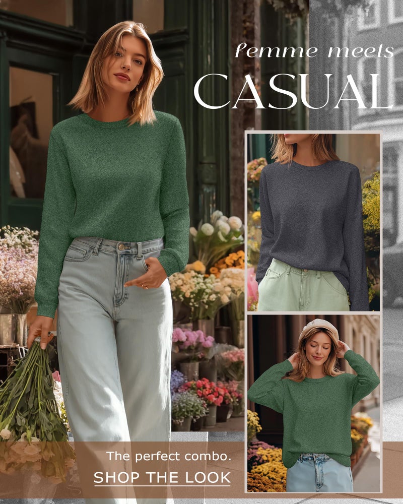 Ficerd 2 Pack Women's Casual Sweatshirts, Crew Neck Loose Fit Basic Tops Lightweight Cute Pullover Fashion Fall Outfits(Dark Gray, Green,Medium) - Image 3