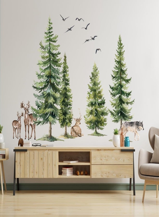 Aurbhosa Green Pine Tree Wall Sticker Woodland Animals Wall Decal Peel and Stick Forest Wall Art Mural Deer Wolf Bird Wall Stickers for Bedroom Decor - Image 2