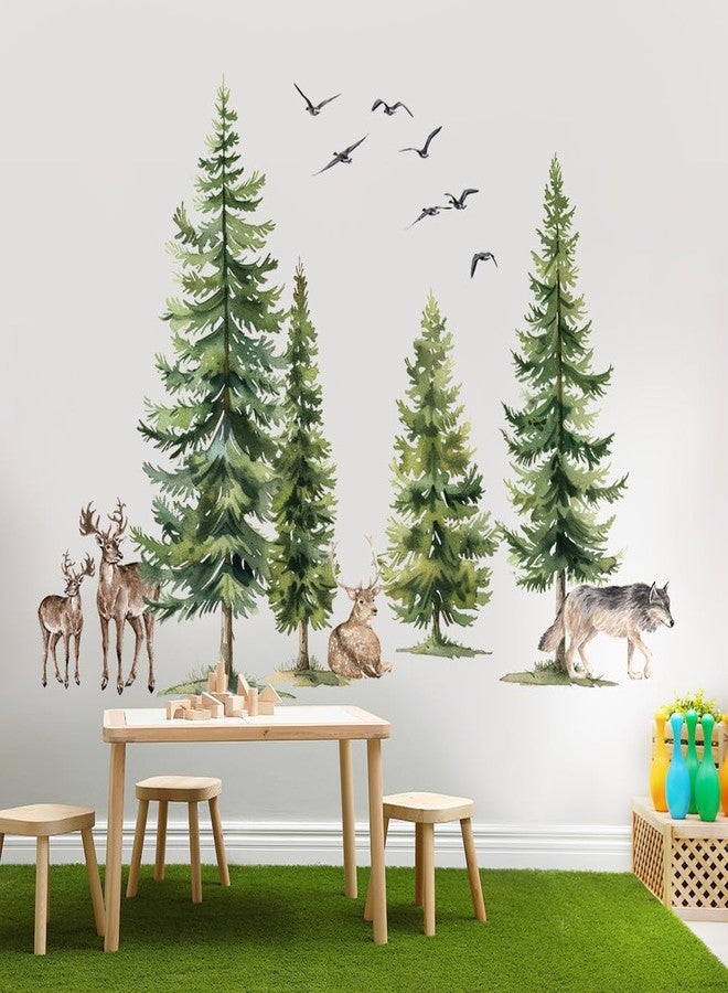 Aurbhosa Green Pine Tree Wall Sticker Woodland Animals Wall Decal Peel and Stick Forest Wall Art Mural Deer Wolf Bird Wall Stickers for Bedroom Decor - Image 4