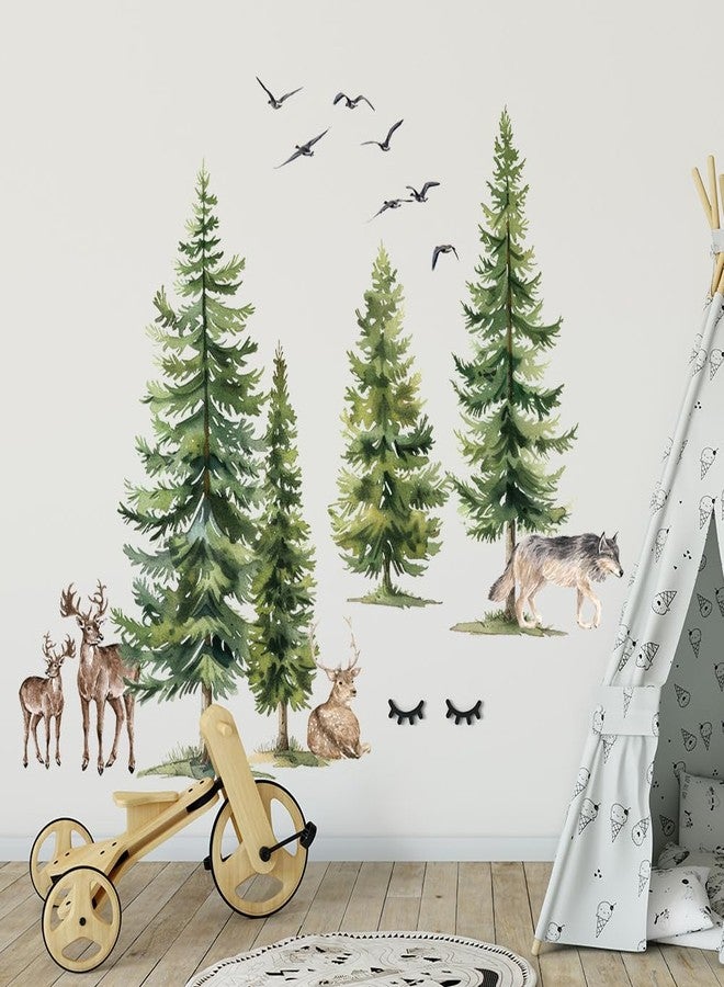 Aurbhosa Green Pine Tree Wall Sticker Woodland Animals Wall Decal Peel and Stick Forest Wall Art Mural Deer Wolf Bird Wall Stickers for Bedroom Decor - Image 3