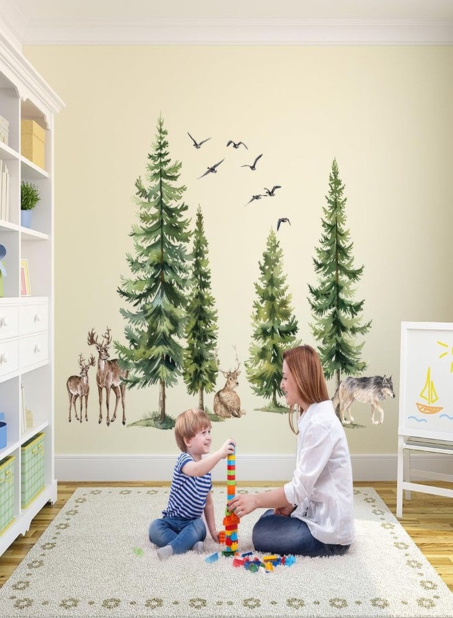 Aurbhosa Green Pine Tree Wall Sticker Woodland Animals Wall Decal Peel and Stick Forest Wall Art Mural Deer Wolf Bird Wall Stickers for Bedroom Decor - Image 5