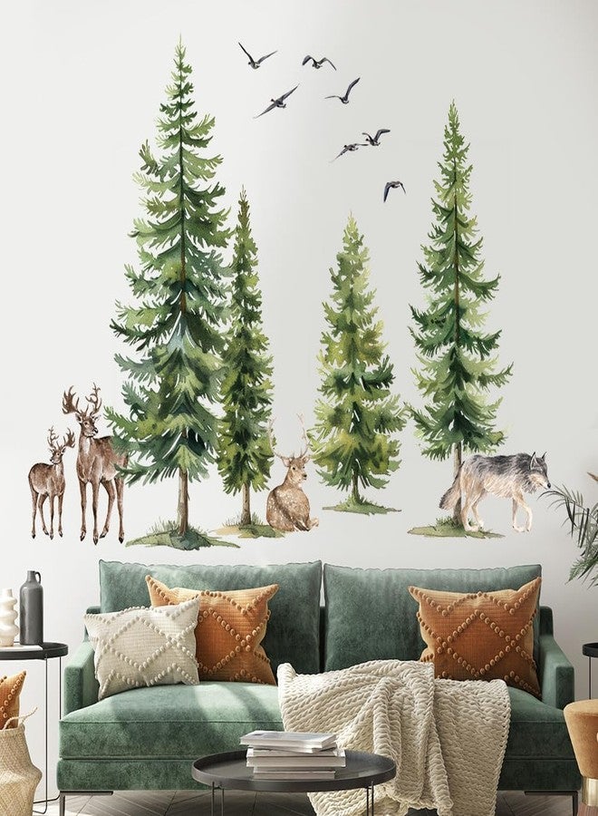 Aurbhosa Green Pine Tree Wall Sticker Woodland Animals Wall Decal Peel and Stick Forest Wall Art Mural Deer Wolf Bird Wall Stickers for Bedroom Decor - Image 1