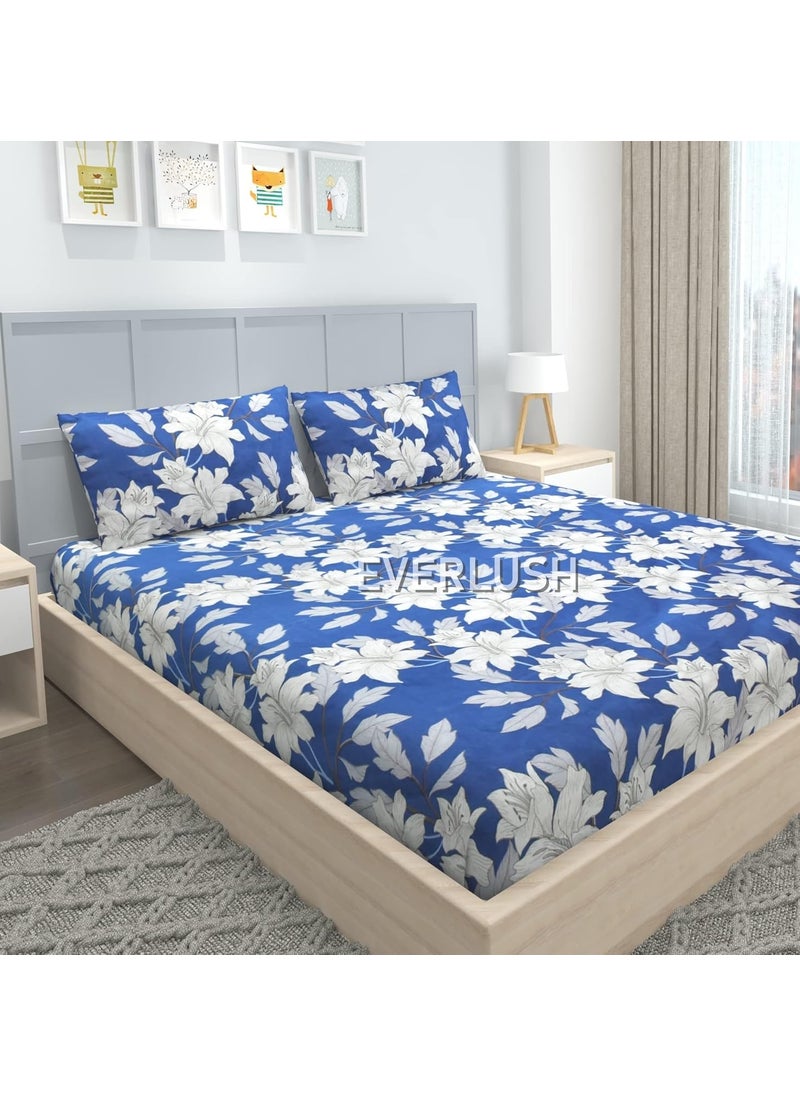 EVERLUSH - EVERLUSH 180 TC Glace Cotton Double King Size Elastic Fitted Bedsheet with 2 Pillow Covers, Size - 78 x 72 (Blue Flower) - Image 1