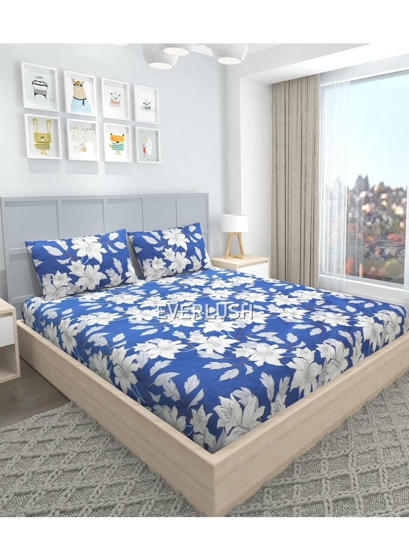 EVERLUSH - EVERLUSH 180 TC Glace Cotton Double King Size Elastic Fitted Bedsheet with 2 Pillow Covers, Size - 78 x 72 (Blue Flower) - Image 1