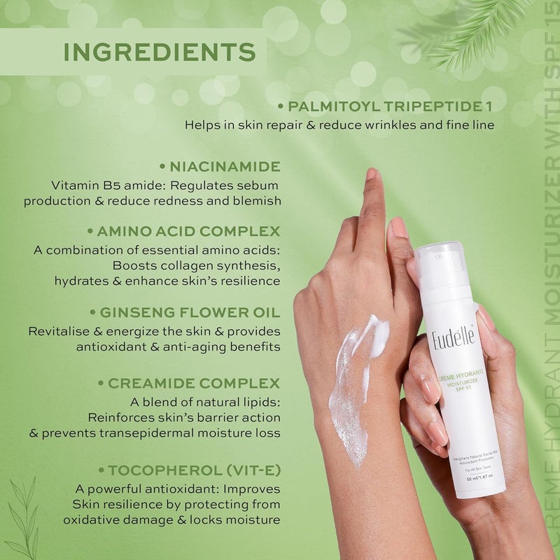 Eudelle Crme Hydrant Moisturizer Lotion with spf 15  complex of amino acids and ceramides with niacinamide for all day hydration with collagen boosting  reducing wrinkels moisturizer for indoor - Image 4