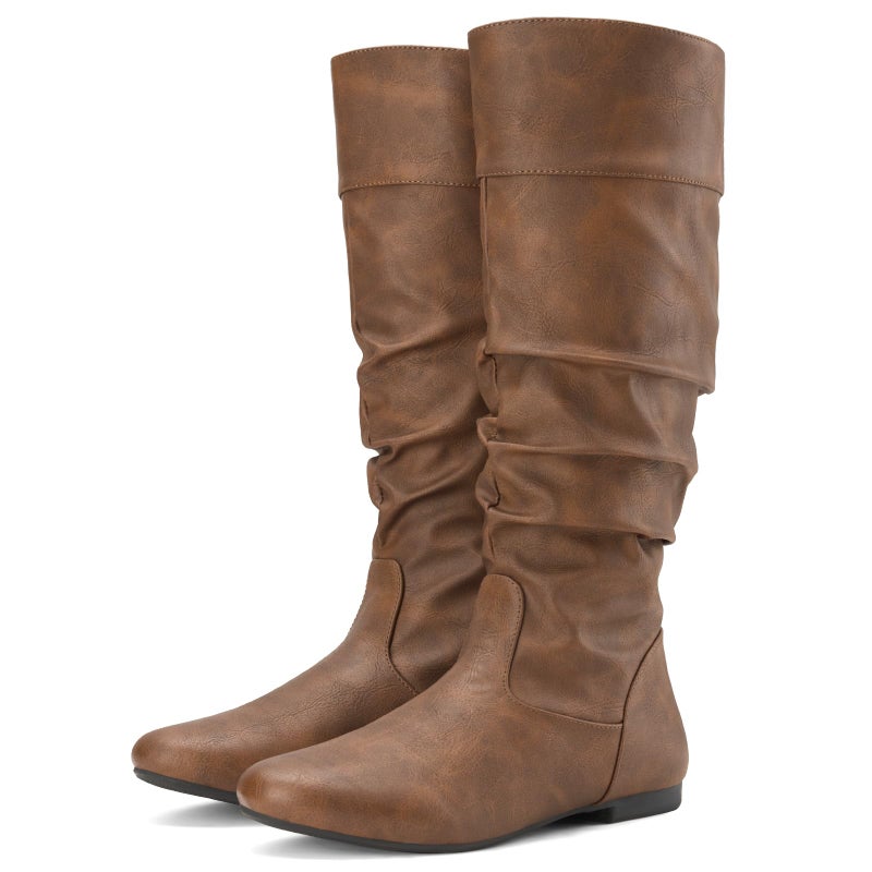 Rollda SUEDI Women's Slouchy Knee High Boots Pull On Flat Boots Side Zipper Fall Boots for Women - Image 1