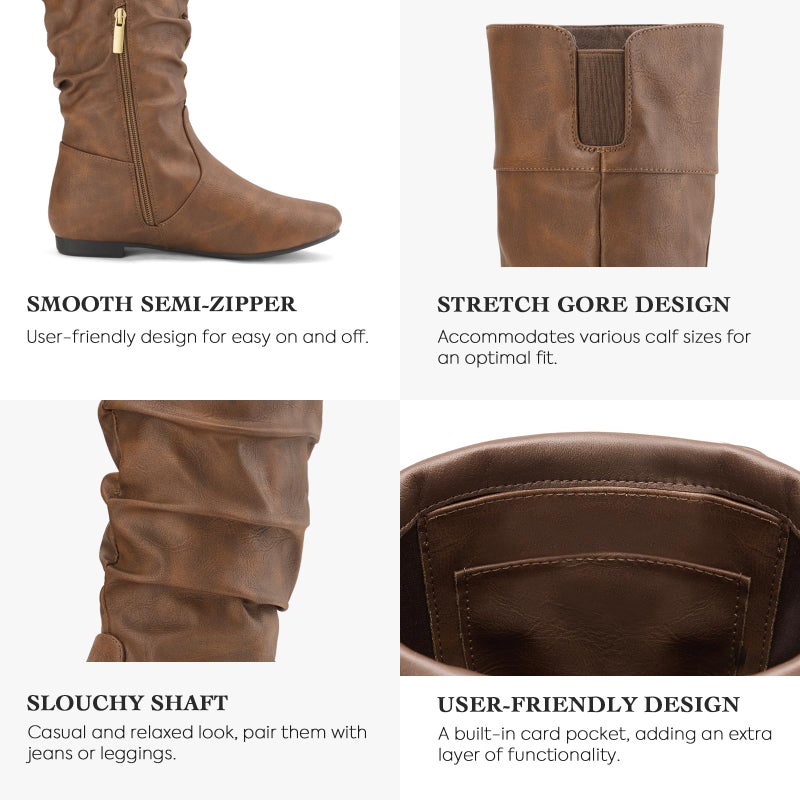 Rollda SUEDI Women's Slouchy Knee High Boots Pull On Flat Boots Side Zipper Fall Boots for Women - Image 2