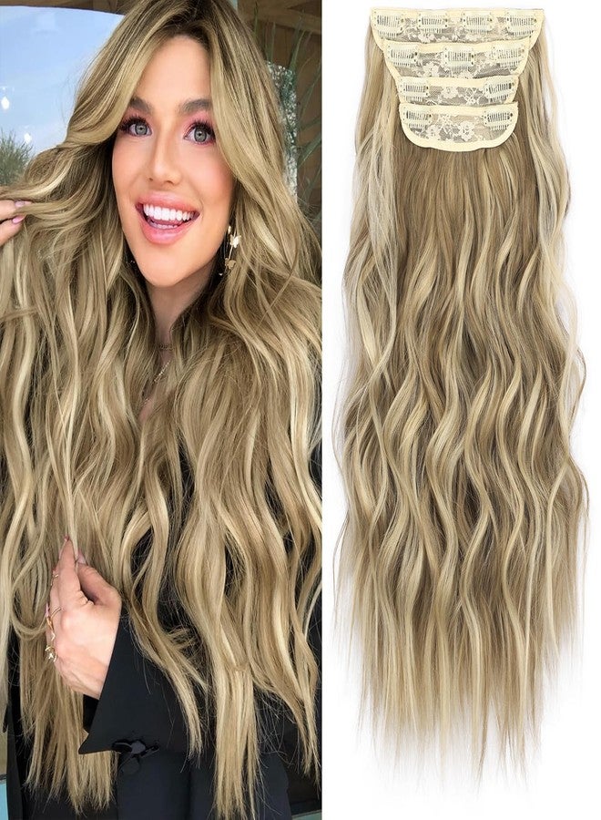 KooKaStyle Clip in Synthetic Hair Extensions Long Wavy 4PCS Thick Hairpieces Light Brown mix Golden Blonde Fiber Double Weft Natural Hair Extensions 20 Inch for Women - Image 1