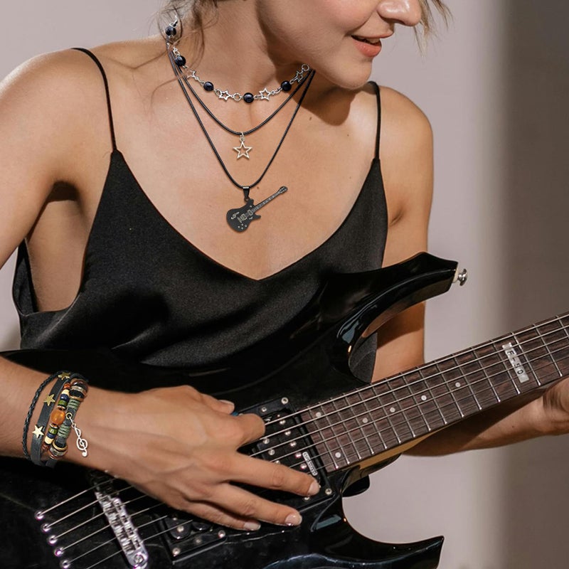 RechicGu Multilayer Y2k Star Guitar Necklace Fairy Grunge Bracelets with Swirl Music Note Handmade Fairycore Gothic Jewelry Set Accessories Punk Rock Roll for Women Men, Hollow - Image 5