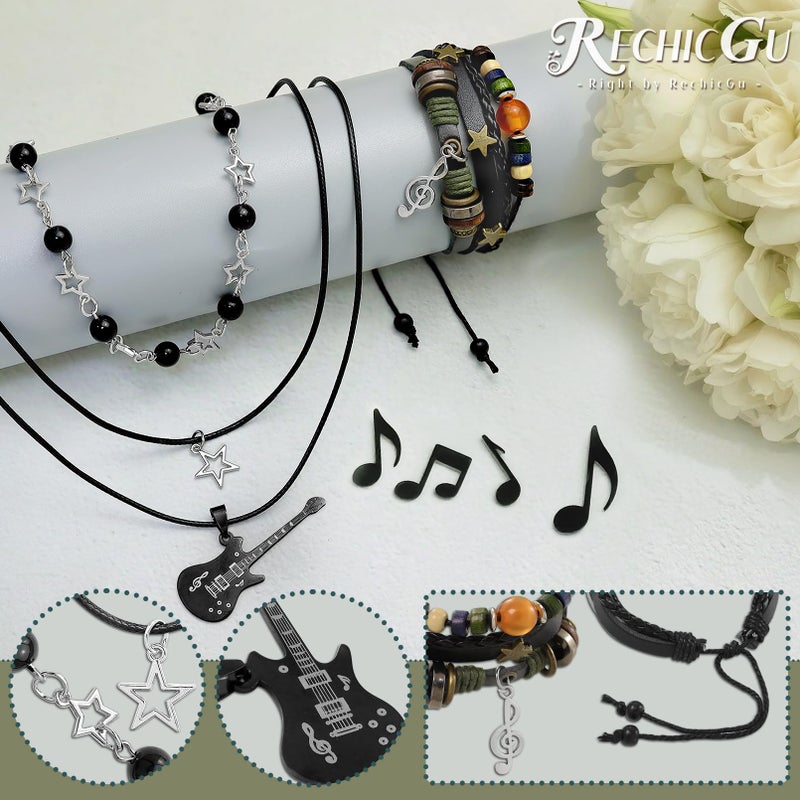 RechicGu Multilayer Y2k Star Guitar Necklace Fairy Grunge Bracelets with Swirl Music Note Handmade Fairycore Gothic Jewelry Set Accessories Punk Rock Roll for Women Men, Hollow - Image 3