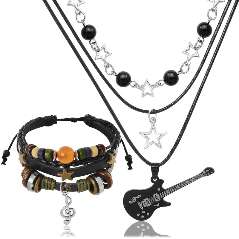 RechicGu Multilayer Y2k Star Guitar Necklace Fairy Grunge Bracelets with Swirl Music Note Handmade Fairycore Gothic Jewelry Set Accessories Punk Rock Roll for Women Men, Hollow - Image 1