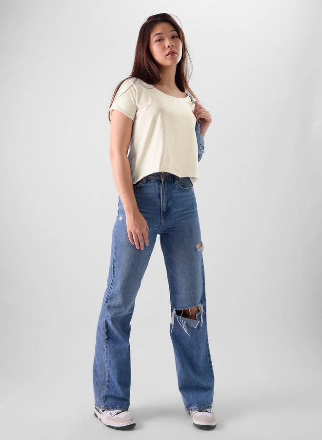 The Souled Store Off White Relaxed Fit Slub T-Shirt