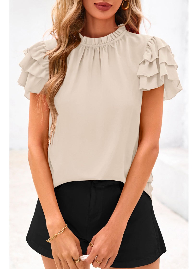 KIRUNDO Blouses for Women Dressy Casual 2026 Spring Summer Ruffle Short Sleeve Mock Neck Work Shirts Tops Fashion Clothing(Beige, X-Large) - Image 3