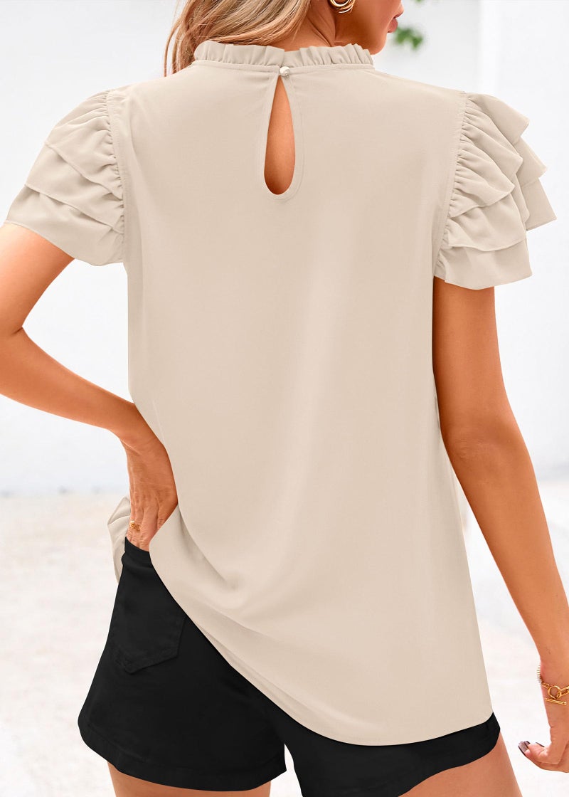 KIRUNDO Blouses for Women Dressy Casual 2026 Spring Summer Ruffle Short Sleeve Mock Neck Work Shirts Tops Fashion Clothing(Beige, X-Large) - Image 2