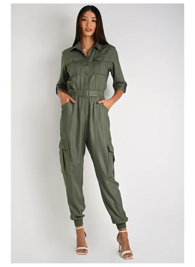 Jumpsuit Jogger with Military Lapel Detail