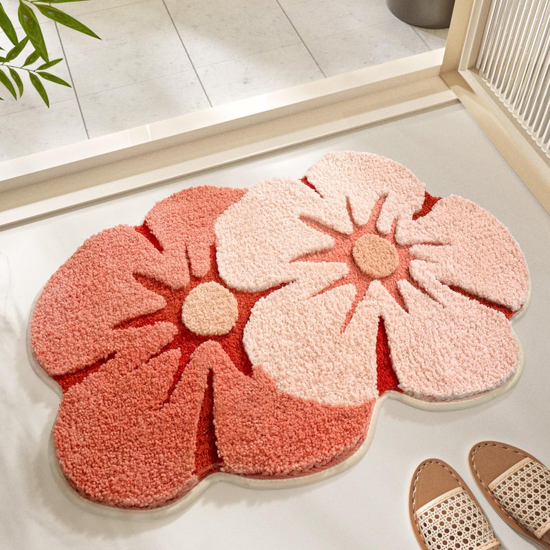 Ankah Shower Rug Bath Mat Forest Series Cartoon Design Bathroom Rug, Fluffy, Soft, Non-Slip, Durable, Absorbent Bath Rug, Irregular Plant Shaped Door Mat and Carpet, 19.7" x 31.5", Peach Blossom - Image 1