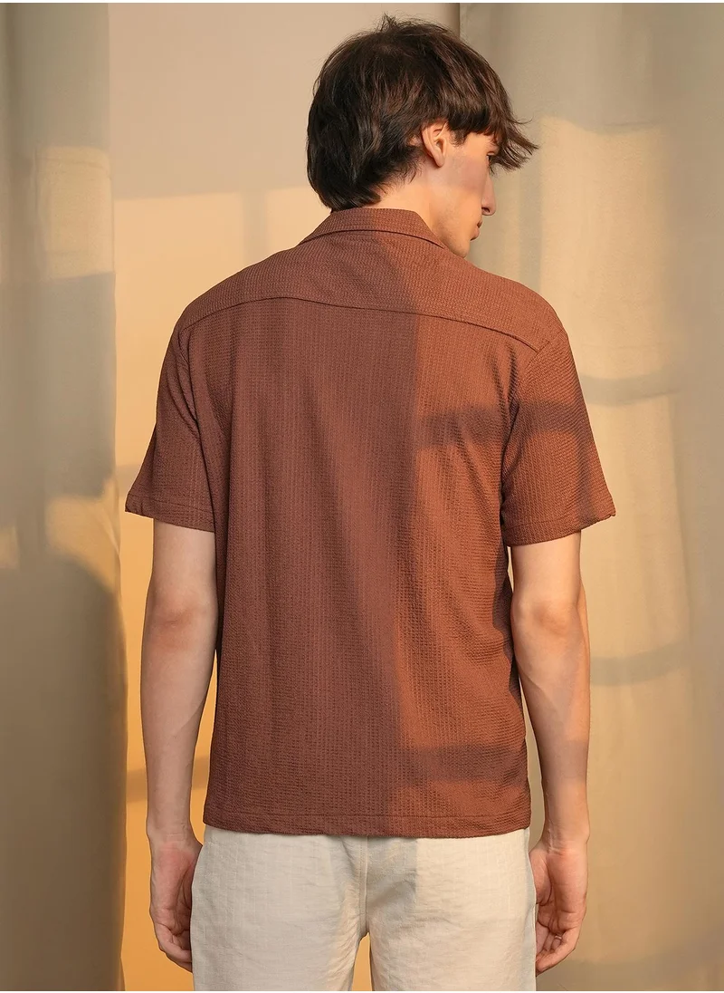 Campus Sutra Men's Chocolate Brown Micro Zig-Zag Shirt