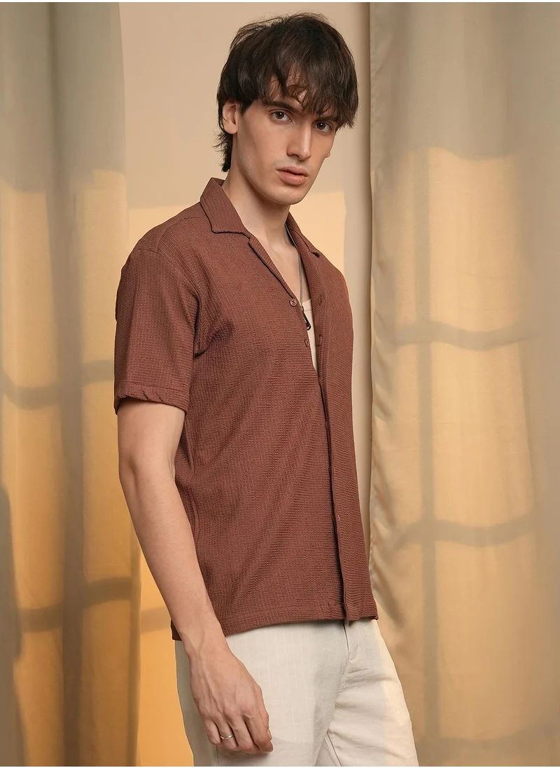 Campus Sutra Men's Chocolate Brown Micro Zig-Zag Shirt
